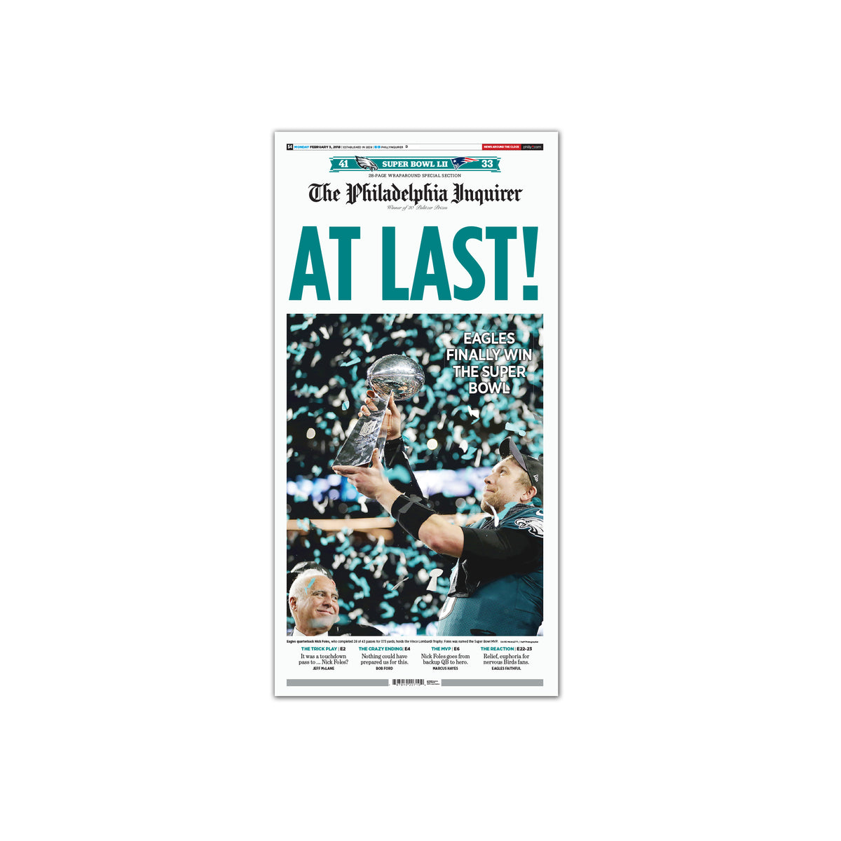 Eagles Win the Super Bowl ~ Philadelphia Inquirer Complete Newspaper ~  2/5/18