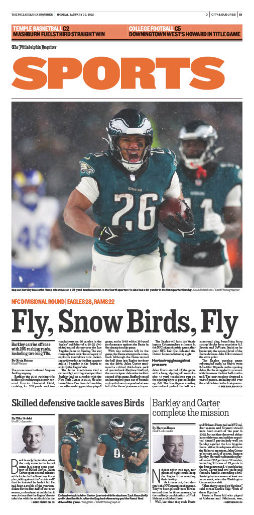 Reprint of Sports Section in The Philadelphia Inquirer: 1/20/25 - Birds Advance to the 2025 NFC Championship