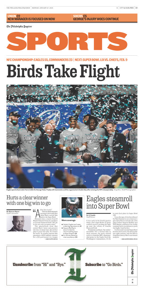 Reprint of Sports Section Page in The Philadelphia Inquirer: 1/27/25 - Birds Win 2025 NFC Championship Game