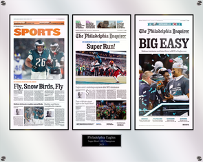 Triple Plaque of Inquirer Front Pages: 1/20/25 - Birds Advance to NFC Championship; 1/27/25 - NFC Championship; 2/10/25 - Big Game Win