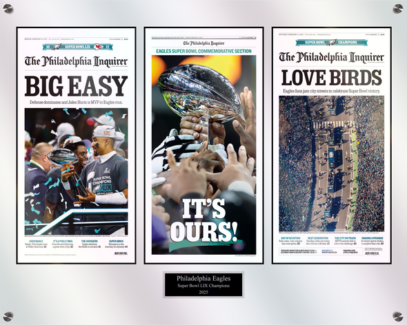 Triple Plaque of Inquirer Front Pages: 2/10/25 - Big Game Win; 2/14/25 - Commemorative; 2/15/25 - Parade