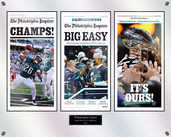 Triple Plaque of Inquirer Front Pages: 2/9/25 - Field Edition; 2/10/25 - Big Game Win; 2/14/25 - Commemorative