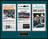 Triple Plaque of Inquirer Front Pages: 1/20/25 - Birds Advance to NFC Championship; 1/27/25 - NFC Championship; 2/10/25 - Big Game Win