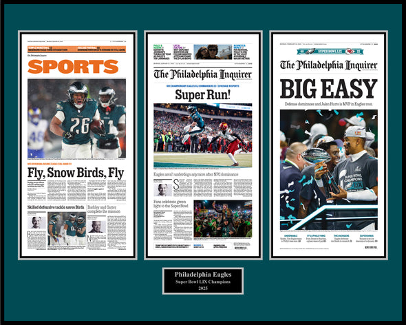 Triple Plaque of Inquirer Front Pages: 1/20/25 - Birds Advance to NFC Championship; 1/27/25 - NFC Championship; 2/10/25 - Big Game Win