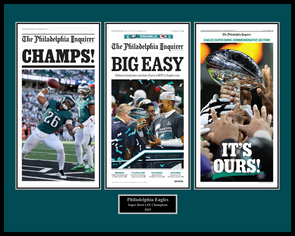 Triple Plaque of Inquirer Front Pages: 2/9/25 - Field Edition; 2/10/25 - Big Game Win; 2/14/25 - Commemorative