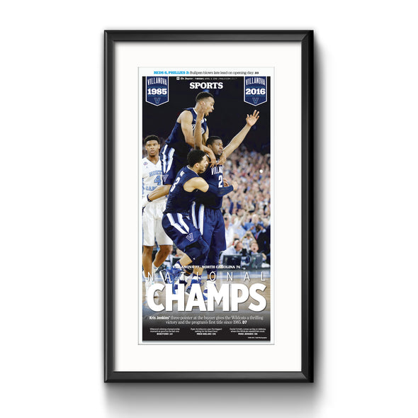 "'Nova Champs" Villanova Basketball 2016 NCAA Champions, Framed with Mat Inquirer Reprint