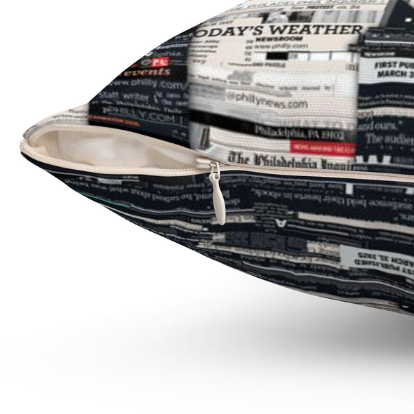 Philly Newsprint Throw Pillow Inside Close-Up
