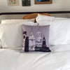 Philly Newsprint Throw Pillow on White Bedspread