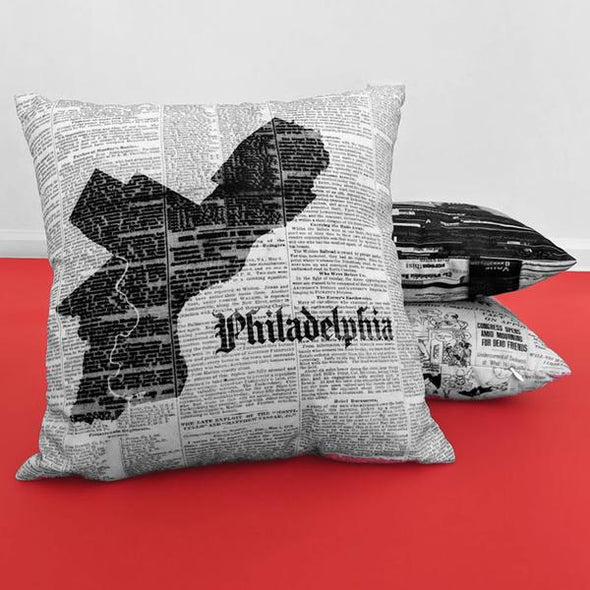 Philadelphia Map Pillow on Red Backdrop with Archival Inquirer Pillow and Newsworthy Skyline Pillow